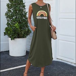 Good Vibes Rainbow Pocket Sleeveless Maxi Dress - Army Green NWT - Large